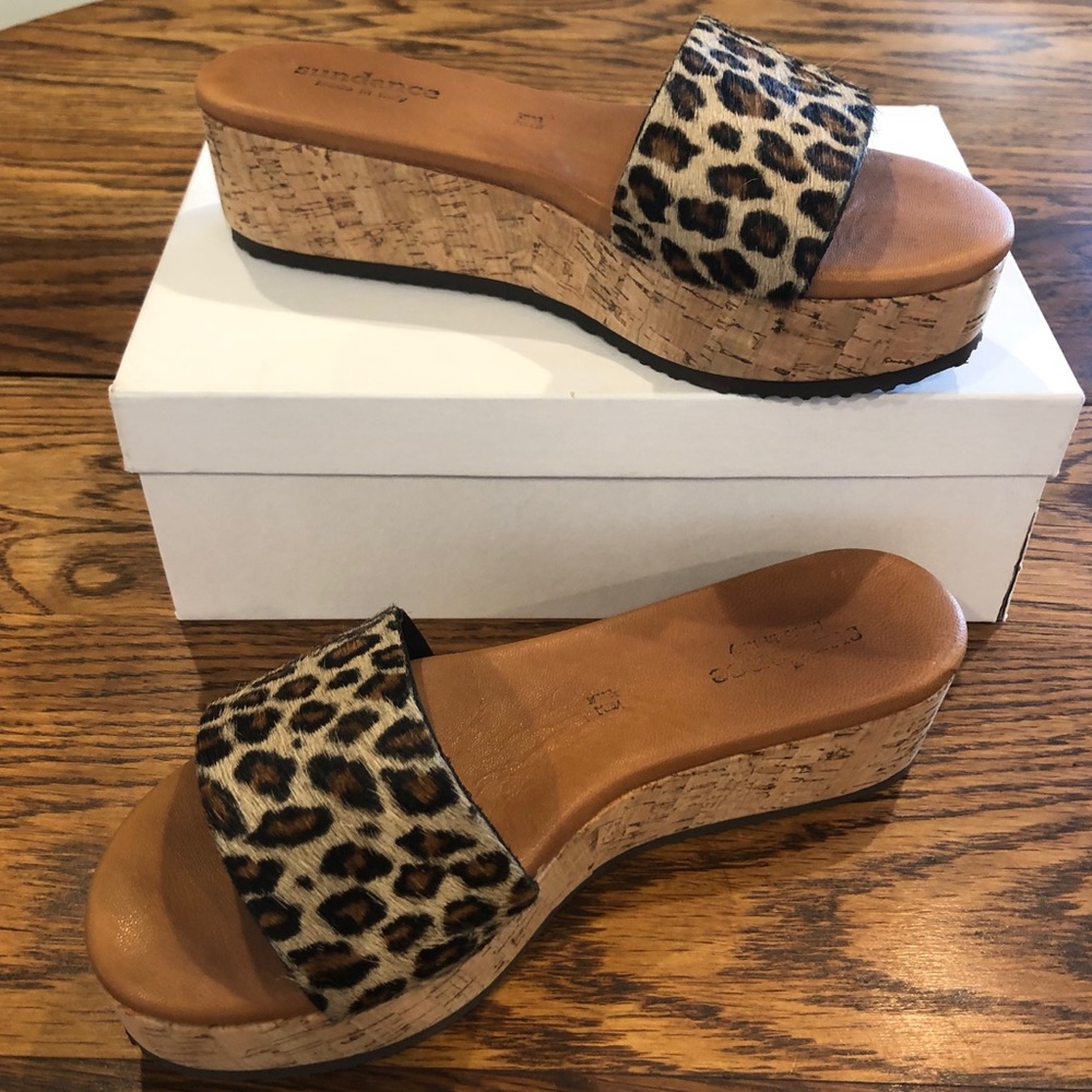 Leopard print calf hair flatform sandal